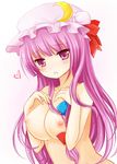  bad_id bad_pixiv_id breasts collarbone crescent hat heart jpeg_artifacts large_breasts long_hair nikoo nipples nude patchouli_knowledge purple_eyes purple_hair solo touhou upper_body 