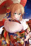  1girl absurdres ahoge alternate_costume artoria_pendragon_(all) blonde_hair check_character eyebrows_visible_through_hair fate/grand_order fate/stay_night fate_(series) floral_print flower fur_collar green_eyes hair_flower hair_ornament highres holding holding_umbrella japanese_clothes kimono long_sleeves looking_at_viewer nail_polish new_year oriental_umbrella osanai red_nails saber sash short_hair sidelocks signature smile solo umbrella wide_sleeves 