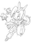  armor blade_(artist) cat_tail fox_mask fox_tail gun horn horns kemonomimi kitsunemimi lineart mask mecha mecha_musume monochrome nekomimi open_mouth ponytail sketch smile tail weapon 