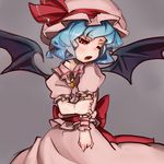  :o arm_grab bad_id bad_pixiv_id bat_wings blue_hair hat holding_arm hutaba123 one_eye_closed red_eyes remilia_scarlet short_hair short_sleeves shy simple_background solo touhou wings wrist_cuffs 