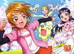  :d ;d blonde_hair blue_eyes blue_hair blush braid brown_eyes brown_hair cherry_blossoms creature day dress eyelashes futari_wa_precure futari_wa_precure_max_heart inagami_akira jacket kujou_hikari long_hair long_sleeves lulun mepple mipple misumi_nagisa multiple_girls official_art one_eye_closed open_clothes open_jacket open_mouth outdoors plant porun precure red_skirt running short_hair skirt smile tareme tree white_dress yellow_eyes yukishiro_honoka 