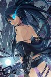  bare_shoulders bikini_top black_hair black_rock_shooter black_rock_shooter_(character) blue_eyes burning_eye chain cloud dark_skin dutch_angle from_behind full_moon gloves long_hair looking_back moon mouth_hold scar short_shorts shorts sky solo star_(sky) starry_sky sword tattoo tel-o twintails very_long_hair weapon 