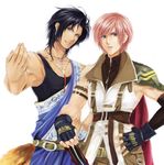  2boys black_hair blue_eyes cape earrings final_fantasy final_fantasy_xiii fingerless_gloves genderswap gloves jewelry lightning_farron male_focus multiple_boys necklace oerba_yun_fang open_mouth pink_hair short_hair simple_background skirt smile solo sword tattoo weapon white_background zipper 