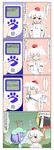  4koma :&lt; :3 animal_ears bow_lingual comic detached_sleeves fang hair_bobbles hair_ornament hat highres inubashiri_momiji kawashiro_nitori multiple_girls petting purple_hair red_eyes rokugatsu_t tail tokin_hat touhou translated two_side_up wolf_ears wolf_tail 