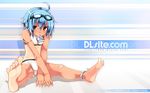  ahoge anklet bandaid barefoot bikini blue_hair brown_eyes crossed_arms dark_skin dlsite.com elle_sweet feet foreshortening goggles jewelry midriff mizugi mouth_hold pettanko refeia short_hair sitting solo spread_legs tanlines tanned wallpaper 