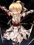  armor armpits artoria_pendragon_(all) bdsm blonde_hair blood bondage bound chain closed_eyes fate/stay_night fate/unlimited_codes fate_(series) gate_of_babylon guro injury kneeling ribbon saber saber_lily shimo_(depthbomb) solo sword weapon 