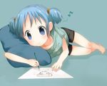  barefoot blue_eyes blue_hair drawing foreshortening full_body hair_cubes hair_ornament lying musical_note naganohara_mio nichijou on_side pencil pillow ro_(61232ta) shirt short_twintails shorts simple_background solo t-shirt thigh_gap twintails 