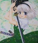  black_hairband blue_eyes blush dress fighting_stance hairband highres katana katatsuka_kouji konpaku_youmu marker_(medium) open_mouth petals scabbard sheath short_hair silver_hair skirt solo sword tassel touhou traditional_media upper_body vest w0ru weapon white_hair 