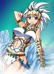  1girl armor barioth barioth_(armor) blue_eyes breasts capcom large_breasts midriff monster_hunter monster_hunter_portable_3rd smile solo white_hair yonecchi 