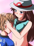  blue_(pokemon) blue_eyes blush breast_feeding breasts brown_hair hat leaf_(pokemon) pokemon 