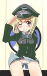  bad_id bad_pixiv_id blonde_hair blue_eyes comord erica_hartmann grin hat lowleg lowleg_panties one_eye_closed panties revision salute short_hair smile solo strike_witches underwear white_panties world_witches_series 