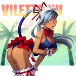  ass breast_hold breasts cleavage code_geass dark_skin large_breasts long_hair nekomata_naomi one-piece_swimsuit ponytail silver_hair solo swimsuit thighhighs villetta_nu yellow_eyes 