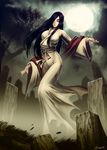  black_hair breasts commentary english_commentary full_moon genzoman ghost grave graveyard japanese_clothes japanese_mythology kimono large_breasts long_hair moon night obi sash scarf signature solo tombstone tree white_eyes yurei 