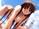  all_fours artefacts barefoot beach bikini blush brown_eyes brown_hair cleavage drink feet long_hair mizugi nipples see-through_clothing sky smile tagme 