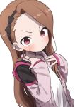  blush bow brown_hair commentary dutch_angle forehead furrowed_eyebrows gazacy_(dai) hair_bow hairband highres hood hood_down hooded_jacket idolmaster idolmaster_(classic) idolmaster_platinum_stars jacket long_hair long_sleeves looking_at_viewer minase_iori open_clothes open_jacket pink_jacket portrait red_eyes shirt simple_background sleeves_past_wrists solo sweatdrop white_background white_shirt 