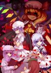  bad_id bad_pixiv_id bat_wings book crazy_eyes fang flandre_scarlet from_behind hat highres hong_meiling izayoi_sakuya knife laevatein multiple_girls no_nose orangec patchouli_knowledge petals remilia_scarlet rose_petals smirk touhou wings wrist_cuffs 