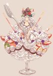  bow braid dress food food_as_clothes food_on_head food_themed_clothes fork fruit highres ice_cream kiwifruit long_hair minigirl object_on_head original parfait personification pocky solo strawberry strawberry_pocky tanukiudon-umai twin_braids white_eyes white_hair 