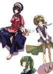  absurdres alternate_costume alternate_hairstyle bad_id bad_pixiv_id barefoot blonde_hair blue_hair hair_ornament highres ikuhana_niiro kochiya_sanae moriya_suwako multiple_girls ponytail rope sandals school_uniform serafuku shimenawa snake touhou yasaka_kanako 