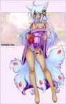  animal_ears barefoot blue_hair breasts cleavage copyright_request dark_skin fox_ears fox_tail heterochromia japanese_clothes long_hair medium_breasts multiple_tails nicole_dubois non-web_source tail tattoo thigh_strap 