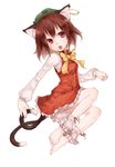  :o animal_ears ankle_cuffs barefoot brown_eyes brown_hair cat_ears cat_tail chen dress earrings fang feet full_body hat highres jewelry junwool legs legs_up multiple_tails open_mouth panties pantyshot red_eyes short_hair simple_background slender solo tail touhou underwear 