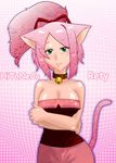  bell bell_collar breasts cat_tail cleavage collar green_eyes kemonomimi large_breasts nekomimi pink_hair ponytail skirt tagme tail tubetop 