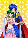  1girl 74 belly_chain bikini_top blush bracelet breasts celice_(fire_emblem) cleavage collarbone couple earrings fire_emblem fire_emblem:_seisen_no_keifu green_eyes green_hair hetero holding_hands jewelry leen_(fire_emblem) medium_breasts midriff necklace short_hair skirt smile 
