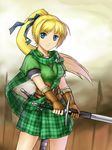  armor blonde_hair blue_eyes chainmail claymore_(sword) gauntlets half-swording highres long_hair original plaid ponytail quilt solo sword tomw weapon 