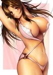  ao_kazenari areola_slip areolae arms_up bad_id bad_pixiv_id breasts brown_eyes brown_hair cleavage highres large_breasts long_hair navel nipple_slip nipples o-ring o-ring_bottom original slingshot_swimsuit solo swimsuit 