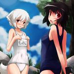  animal_ears arms_behind_back black_hair blush camera cloud day inubashiri_momiji multiple_girls name_tag navel negija one-piece_swimsuit open_mouth outdoors red_eyes school_swimsuit shameimaru_aya short_hair sky standing swimsuit tail touhou white_hair white_school_swimsuit white_swimsuit wolf_ears wolf_tail 