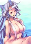  bad_id bad_pixiv_id blue_hair breasts cleavage cloyster face fukai_ryousuke gen_1_pokemon horn large_breasts long_hair multicolored_hair navel personification pokemon red_eyes solo swimsuit two-tone_hair 