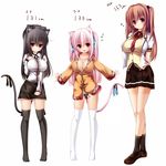  animal_ears bell black_hair black_legwear blush breasts brown_hair cassini_m_bisuko cat_ears cat_tail cleavage hair_ribbon hand_on_own_chest hat kneehighs large_breasts long_hair mia_flatpaddy multiple_girls necktie no_panties original pink_eyes pink_hair ribbon shia_flatpaddy skirt standing syroh tail tail_bell thighhighs twintails white_legwear 