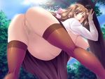  bent_over bottomless breasts brown_eyes brown_hair censored cloud dress dress_lift forest hair_bow large_breasts long_hair navel nipples nopan open_mouth oppai outdoors park pregnant shirt_lift sky tagme thighhighs tree 