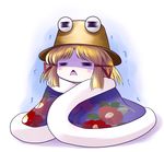  =_= blanket blonde_hair blush_stickers chibi cold flower hair_ribbon highres moriya_suwako ribbon solo touhou trembling yume_shokunin 