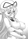  blush breast_hold breasts choker greyscale hands hat large_breasts long_hair monochrome navel nipples nude ribbon_choker shiny shiny_skin shy solo terumii touhou upper_body yakumo_yukari 