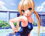  askray ass_grab blonde_hair erect_nipples green_eyes school_swimsuit swimsuit twintails wet 