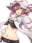  fang green_eyes halftone halftone_background hat merry_nightmare midriff navel nike_(smaaaash) pointy_ears purple_hair short_hair solo stomach yumekui_merry 