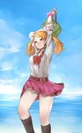  anjou_naruko ano_hi_mita_hana_no_namae_wo_bokutachi_wa_mada_shiranai. arms_up bag breasts cleavage hair_ornament hairclip highres hitoto kneehighs medium_breasts nail_polish ocean orange_eyes orange_hair pleated_skirt school_uniform scrunchie skirt sleeves_rolled_up smile solo twintails 