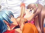  2girls blue_hair brown_hair censored double-blowjob fellatio fingernails open_mouth penis 