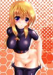  :o bad_id bad_pixiv_id bangs blonde_hair blush breasts charlotte_dunois chestnut_mouth covered_nipples cowboy_shot crop_top crossdressing groin hair_between_eyes halftone halftone_background hexagon honeycomb_(pattern) honeycomb_background impossible_clothes impossible_shirt infinite_stratos jewelry large_breasts leaning_forward long_hair looking_at_viewer low_ponytail navel necklace open_mouth orange_background pants pants_pull pendant pilot_suit ponytail pulled_by_self purple_eyes sakurajousui_neko shadow shiny shiny_clothes shirt sidelocks skin_tight solo spandex thigh_gap turtleneck undressing 