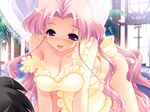  :d all_fours blush game_cg indoors long_hair mariafia_chiffonese no_bra open_mouth pink_hair primary_~magical_trouble_scramble~ purple_eyes smile solo_focus tsurugi_hagane 