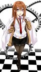  :o bad_id bad_pixiv_id boots brown_hair checkered checkered_floor gears jacket labcoat long_hair makise_kurisu mugenshiki necktie pantyhose purple_eyes red_neckwear shorts solo steins;gate thigh_gap 