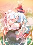  back bad_id bad_pixiv_id blue_hair blush bow brown_eyes closed_eyes dress fujiwara_no_mokou hair_bow hat hug kamishirasawa_keine long_hair multiple_girls pants silver_hair suspenders tokin_hat touhou usoneko very_long_hair white_hair 