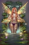  bakanekonei butterfly fairy long_hair orange_hair pantsu pointed_ears red_eyes tagme topless water waterfall 