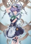  2d apron blue_eyes bow braid chain clock cuffs duplicate garter_straps gears gloves hair_bow hair_ornament izayoi_sakuya knife maid maid_headdress short_hair silver_hair skirt solo touhou weapon 