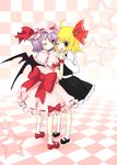  absurdres ahoge bat_wings blonde_hair blush bow dress eluthel fang hair_bow hair_ribbon hat highres mary_janes multiple_girls open_mouth purple_hair red_eyes remilia_scarlet ribbon rumia shoes short_hair touhou wings 