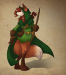 arrow belt bow bow_(weapon) canine cape diana female fox gloves green hair hood long_hair looking_back mammal pouch quiver ranged_weapon ranger rebelsqurl red_hair shadow solo spunky standing weapon 