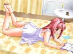  barefoot bed casual_romance_club feet houkago_ren-ai_club joy_ride nightgown pink_eyes pink_hair reading 