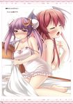  alternate_hairstyle arm_support barefoot bed_sheet blush breasts bun_cover chemise cleavage closed_eyes collar crescent crescent_hair_ornament double_bun feet frills hair_ornament head_wings highres koakuma long_hair medium_breasts multiple_girls nullken open_mouth patchouli_knowledge purple_hair red_hair scan sitting strap_slip tears touhou twintails yokozuwari 