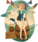  ayu_(mog) bad_id bad_pixiv_id barrel bird blush box brown_hair dolphin flag flower green_eyes hat long_hair open_mouth original plant post potted_plant seagull sitting smile solo twintails 