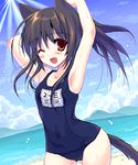  animal_ears armpits arms_up black_hair blush cat_ears chimaro cloud copyright_request day fangs long_hair oekaki one-piece_swimsuit one_eye_closed open_mouth school_swimsuit smile solo swimsuit 